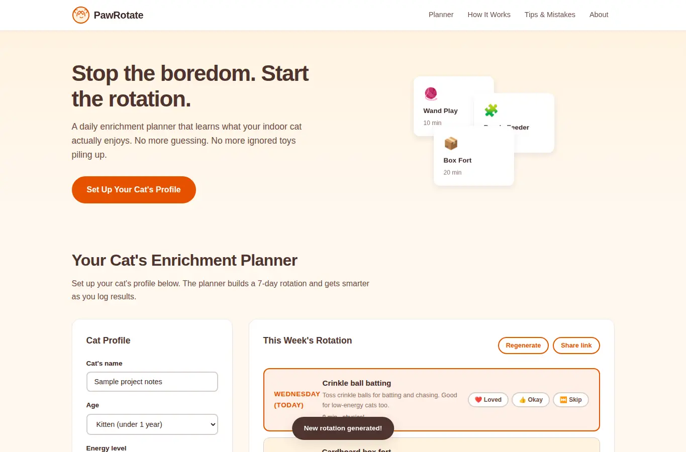 Screenshot of Cat Enrichment Activity Rotator interface showing the project page in use